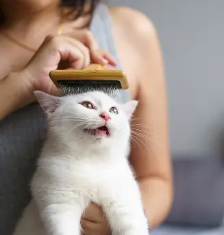 woman combing cat