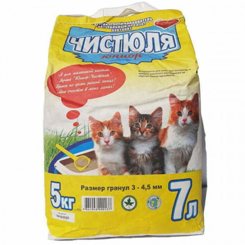 Чистюля Юниор. Бентонитовый наполнитель для кошачьего туалета 7л. Гранула 3-4,5 мм